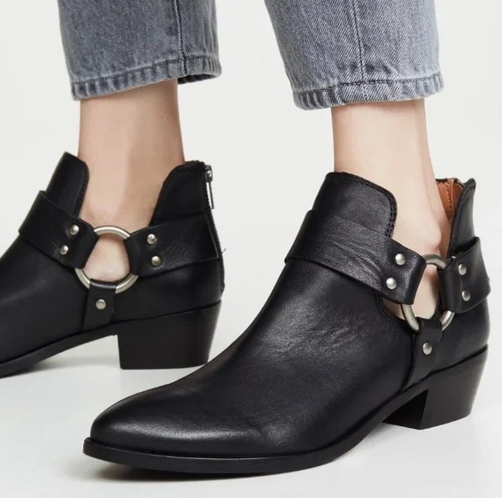 FRYE Ray Harness Ankle Boots Leather Block Heel Cut Out Back Zip Moto Black